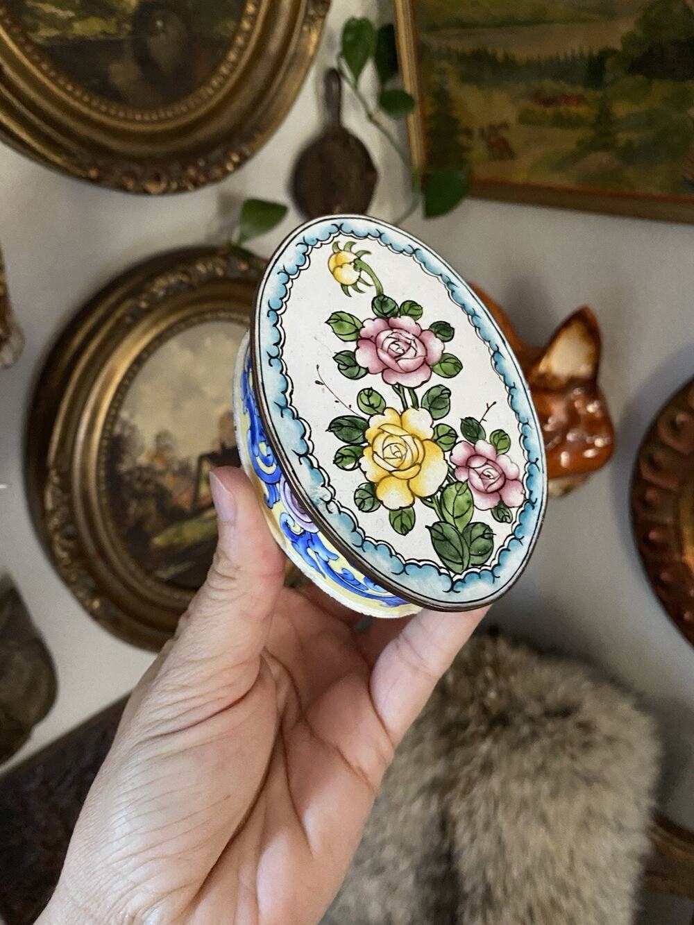 Antique Chinese Canton Enamel on Copper Quatrefoil Trinket Box Floral Lidded Box